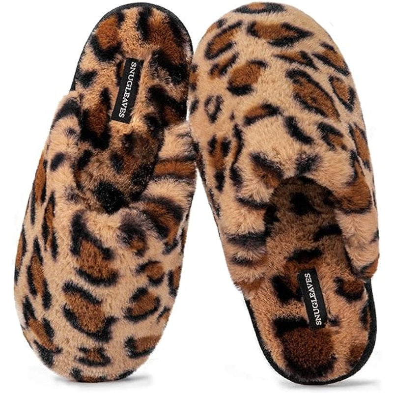 Snug Leaves Womens Size 7-8 Cheetah Print Slippers Fuzzy Slip On House Shoes