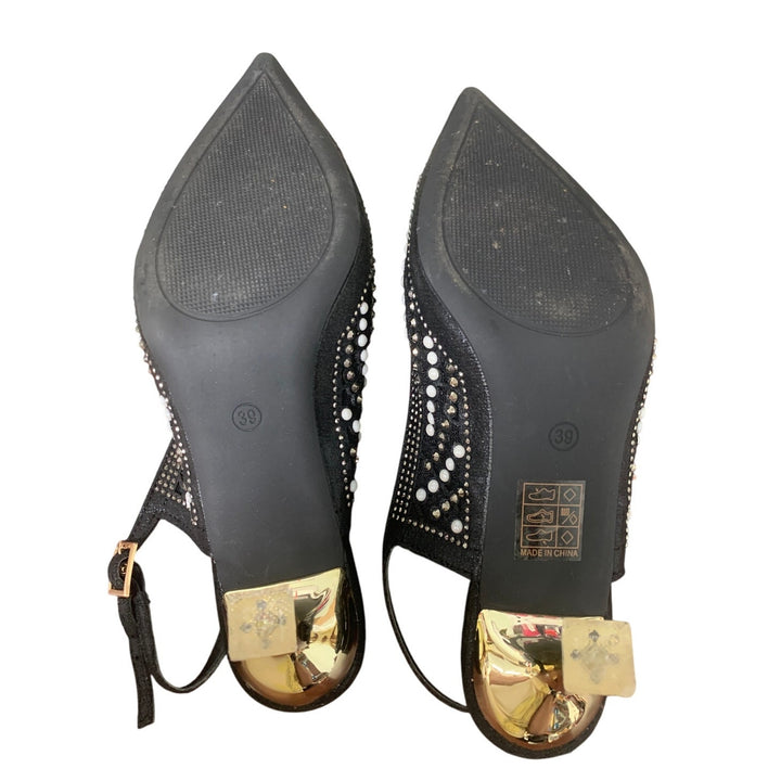VenusCelia Womens 8.5 Black White Silver Beaded Pointy Toe 3" Slingback Heels