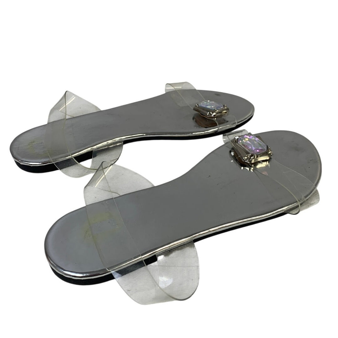 Womens Size 6.5 Silver Clear Sandal Strappy Gem Open Round Toe Shoes