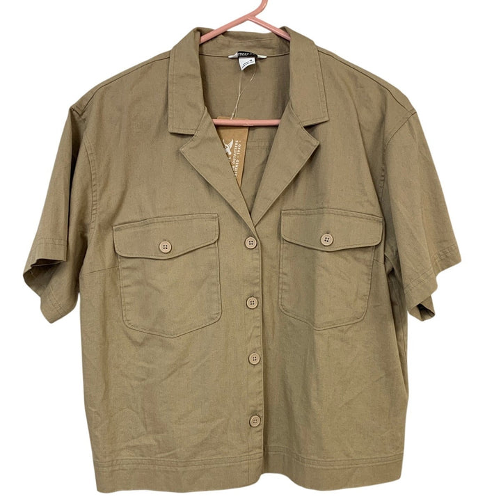 New Eddie Bauer Womens Medium Tan Everyday Cotton Short Sleeve Button Up Shirt