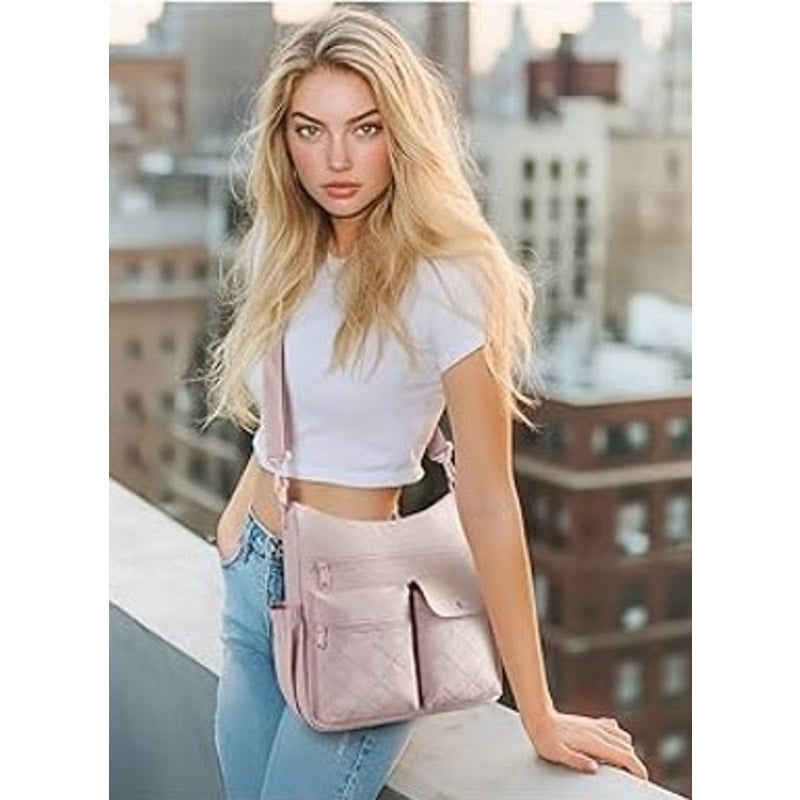 Bagsmart Womens Pink Nylon Multi Zip Pocket Crossbody Travel Handbag Purse