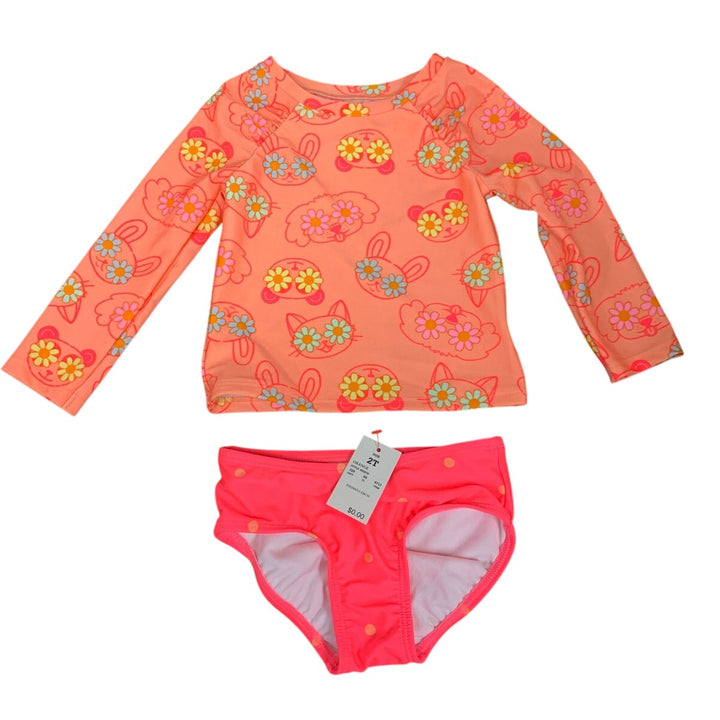 New Cat &amp; Jack Girls 2T UPF 50+ Orange Floral Long Sleeve Bikini 2PC Swimsuit
