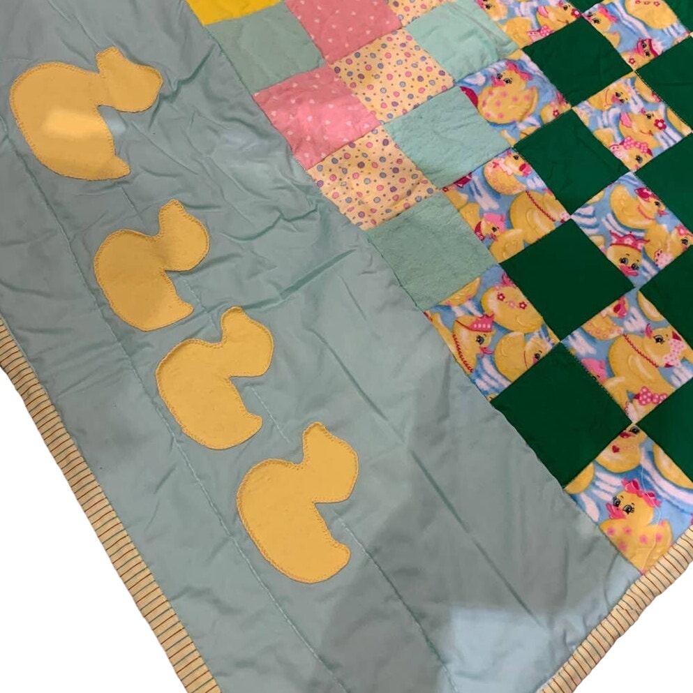 Handmade Mommy &amp; Baby Duck Pastel Soft Square Pattern Blanket Cuddle Quilt