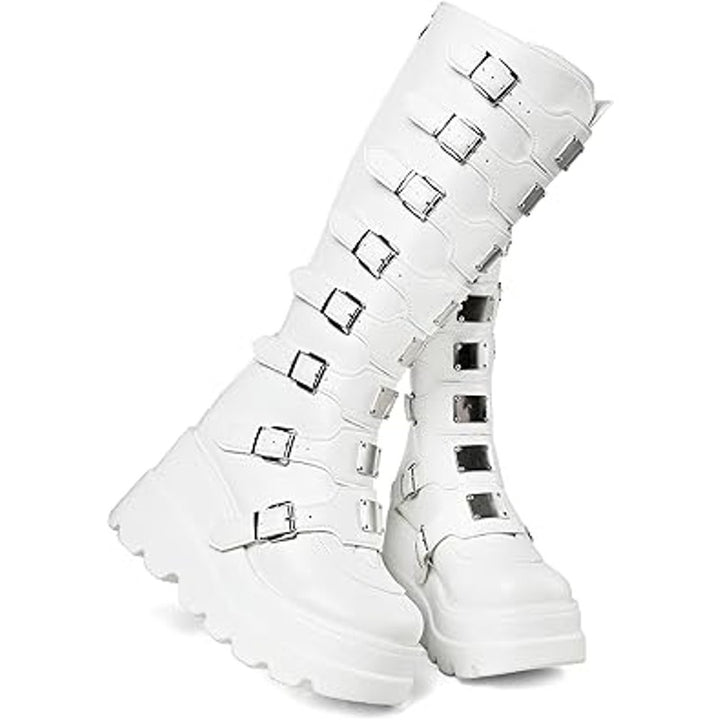 Celnepho Womens Size 10.5 White Faux Leather 3.5" Wedge Platform Knee High Boots