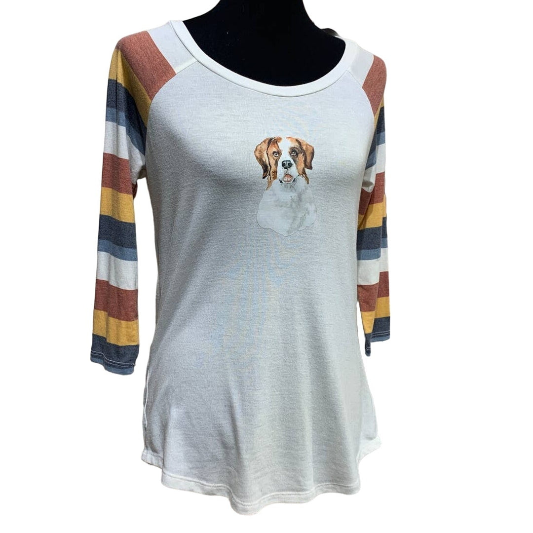 Hand Printed Upcycled XS St Bernard Puppy Dog Long Sleeve Striped Tee Shirt
