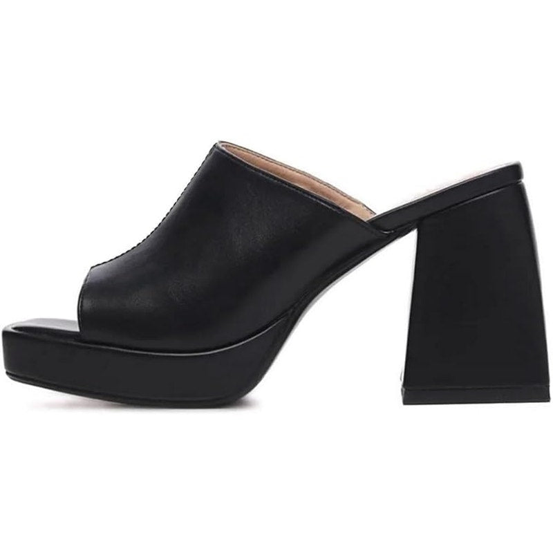 Coutgo Womens Size 7.5 Black Faux Leather 4" Platform Peep Toe Mule Sandal Shoes