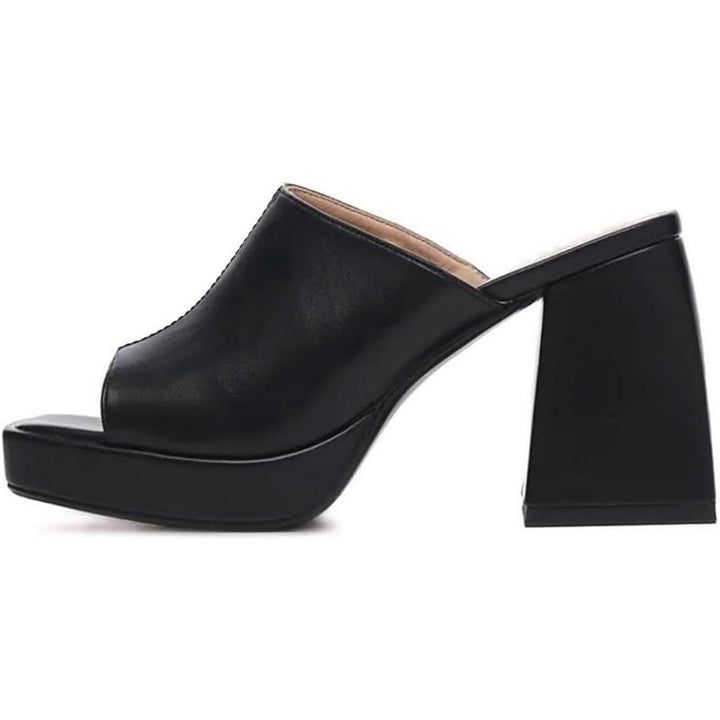 Coutgo Womens Size 7.5 Black Faux Leather 4" Platform Peep Toe Mule Sandal Shoes