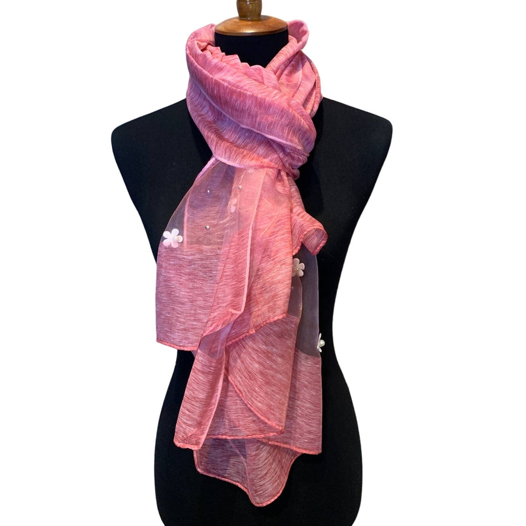 New Pretty in Pink Wedding Long Sheer Pink Pearl Floral Lightweight Scarf Wrap
