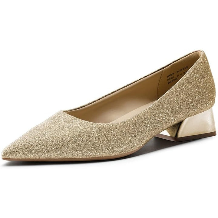 Dream Pairs Womens Size 9 Gold Glitter Pointy Toe 1.5" Chunk Heel Slide On Shoes