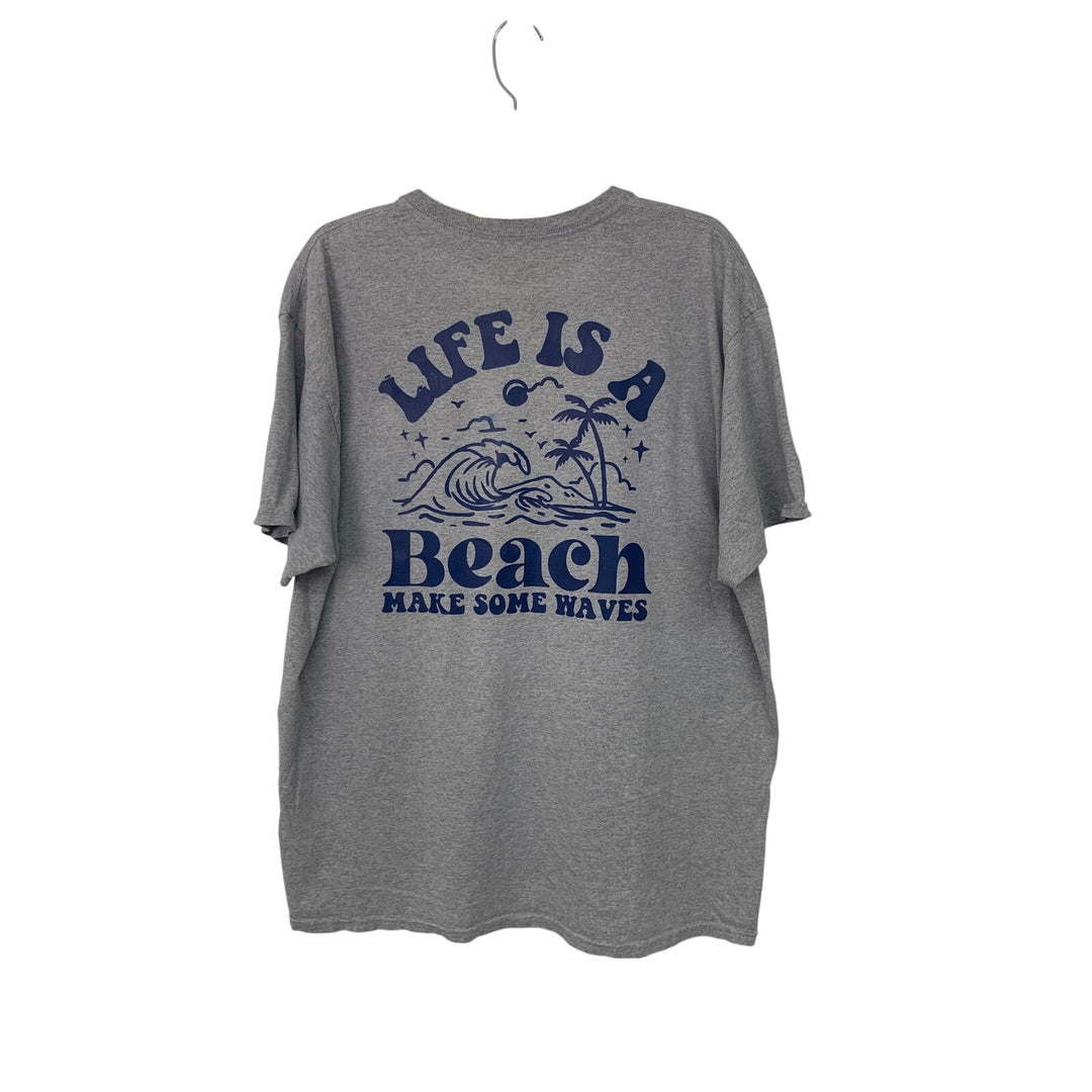 Upcycled Hand Printed Mens XL Life Is A Beach Make Some Waves Crew Neck Tee