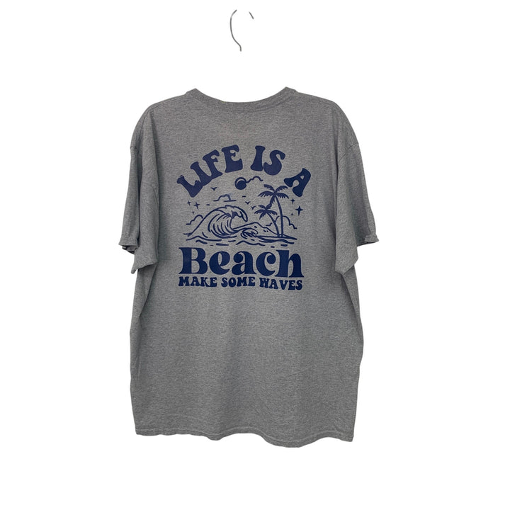 Upcycled Hand Printed Mens XL Life Is A Beach Make Some Waves Crew Neck Tee