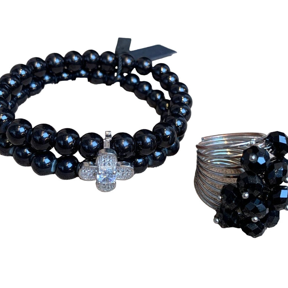 New Black Beaded Bracelet w Rhinestone Clip &amp; Bonus Silver Knuckle Ring