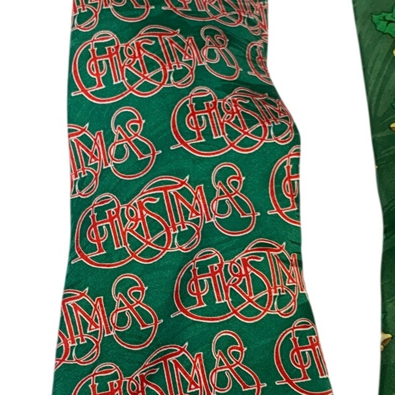 Lot of 2 Keith Daniels Mens Green Christmas Holly Jingle Bells Holiday Neck Ties
