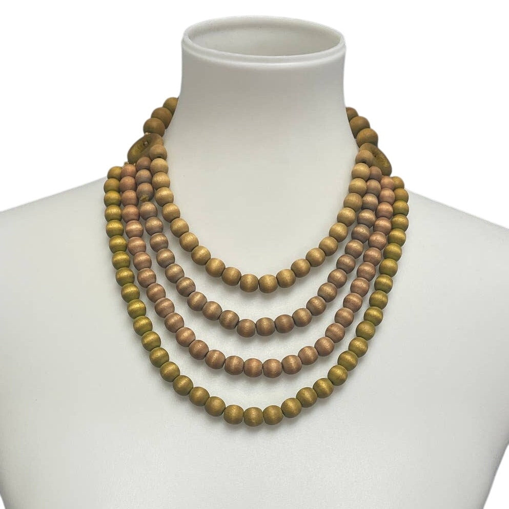 Vintage Wooden Bead 4X Strand Tan Green Brown Beaded Screwback Choker Necklace