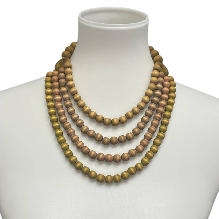 Vintage Wooden Bead 4X Strand Tan Green Brown Beaded Screwback Choker Necklace