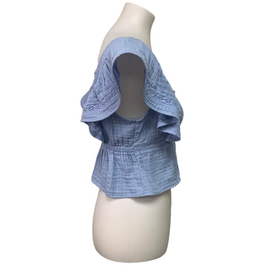 New Aerie Womens Small Pastel Blue Ruffle Sleeve Lace Front Button Cottage Top