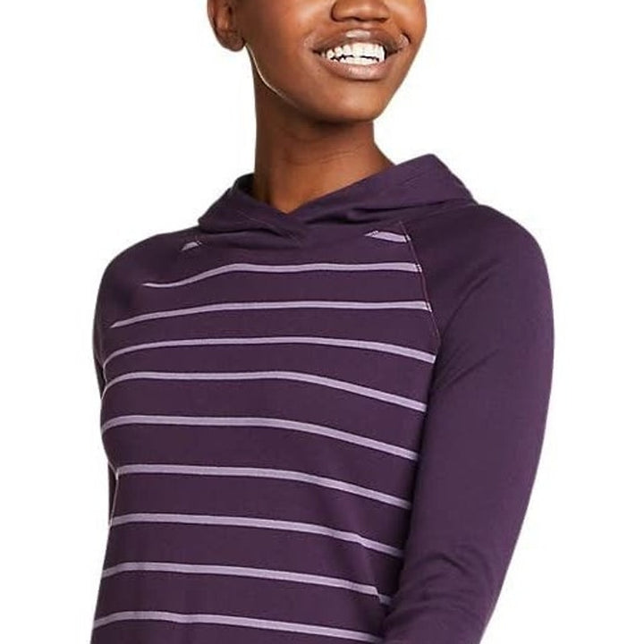 New Eddie Bauer Womens Small Purple Stripe Favorite Pullover 100% Cotton Hoodie