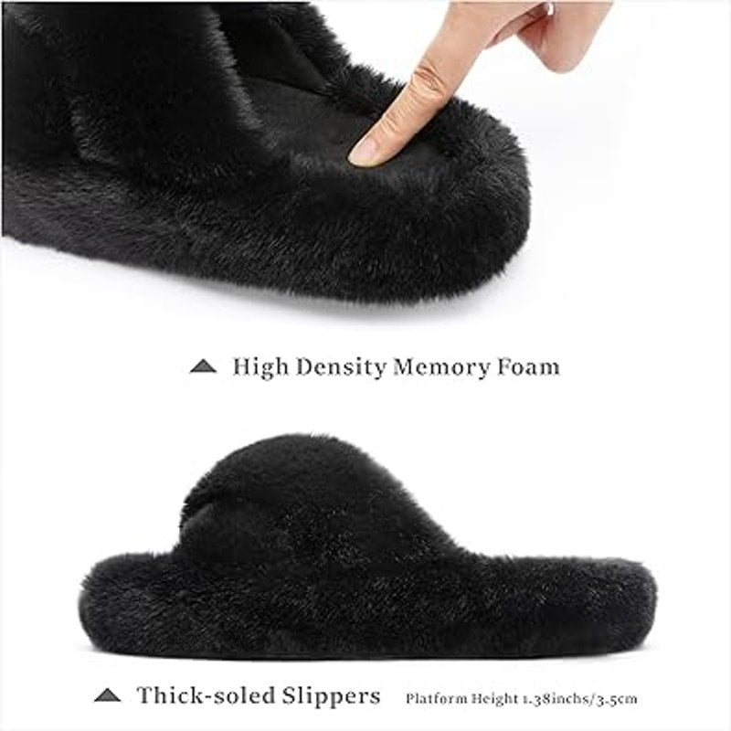 New Chantomoo Womens Size 8 Black Furry Memory Foam Open Toe Slide On Slippers