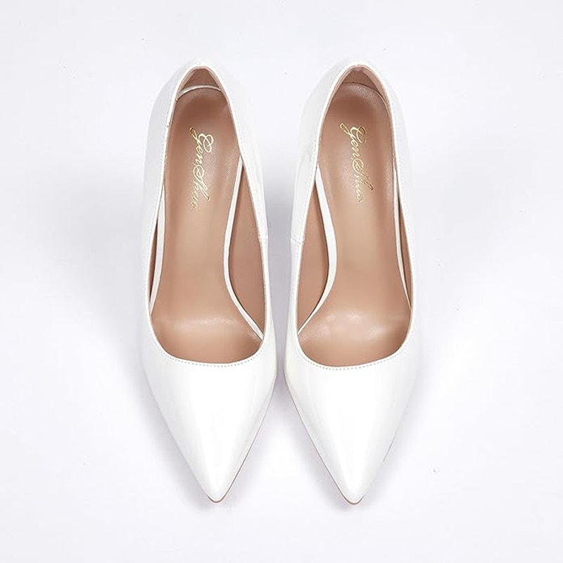 Genshou Womens Size 7 White Patent Leather 5" Heel Pointy Closed Toe Pumps Shoes