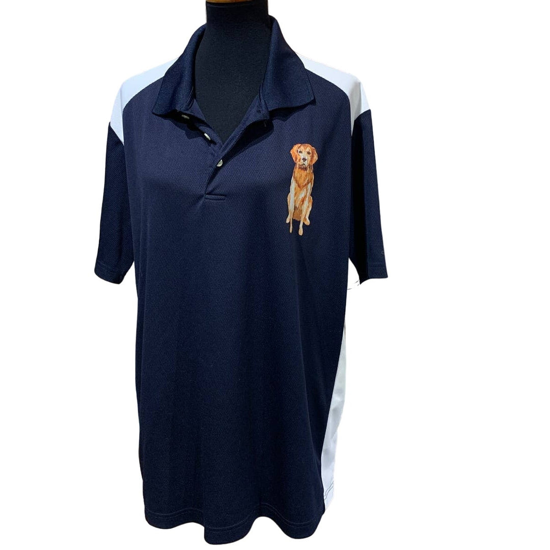Hand Printed Upcycled Mens XL Golden Retriever Puppy Dog Polyester Polo Shirt
