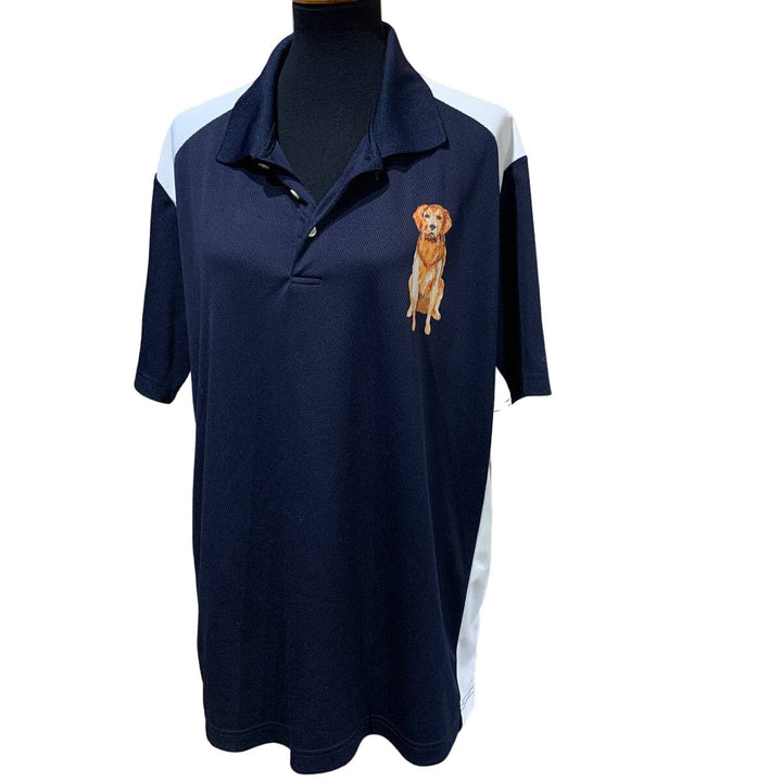 Hand Printed Upcycled Mens XL Golden Retriever Puppy Dog Polyester Polo Shirt