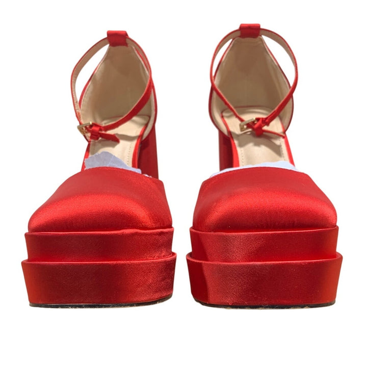 Vetaste Womens Size 7 Red 5.5" Platform Heels Closed Round Toe Ankle Strap Shoes