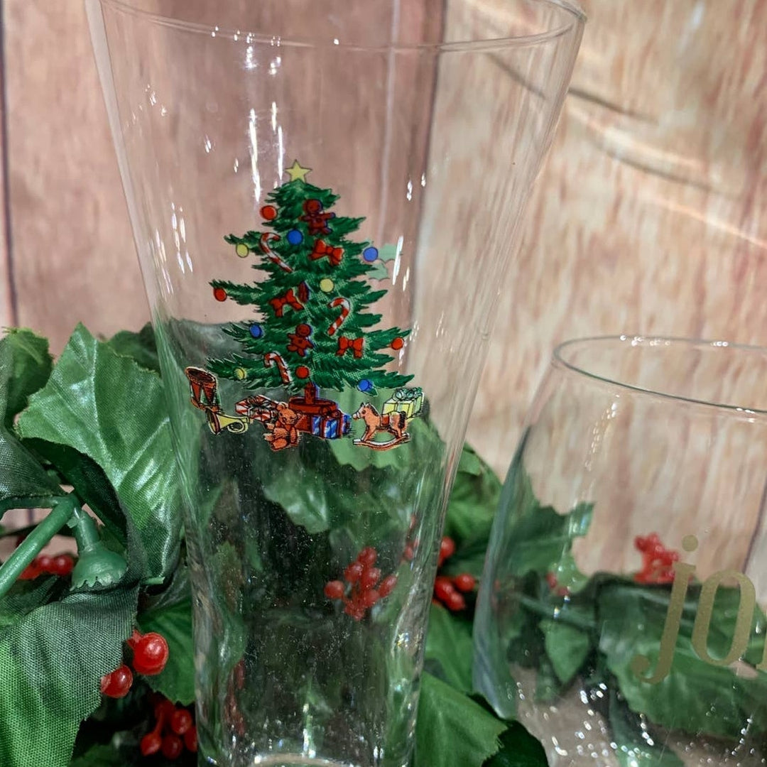 Christmas Holly Decor Merry Jolly Glasses Candle Holders Tablescape Lot