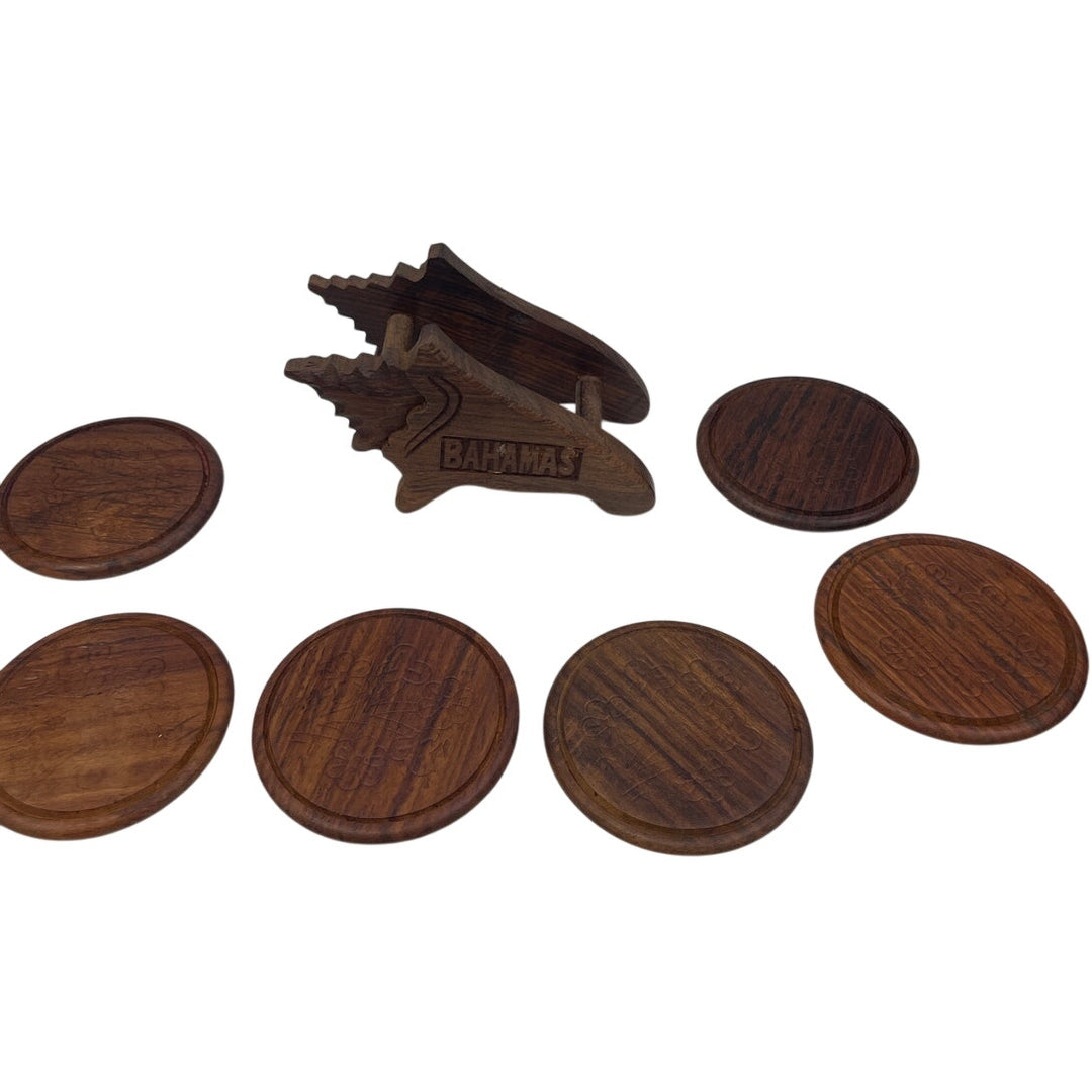 Set of 6 Vintage Carved Dark Walnut Wood Bahamas Drink Coasters Seashell Holder