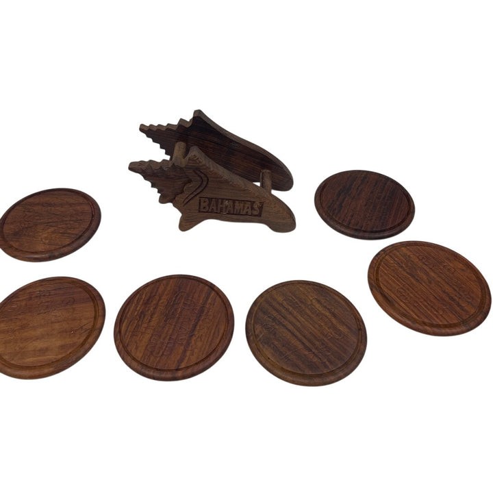 Set of 6 Vintage Carved Dark Walnut Wood Bahamas Drink Coasters Seashell Holder
