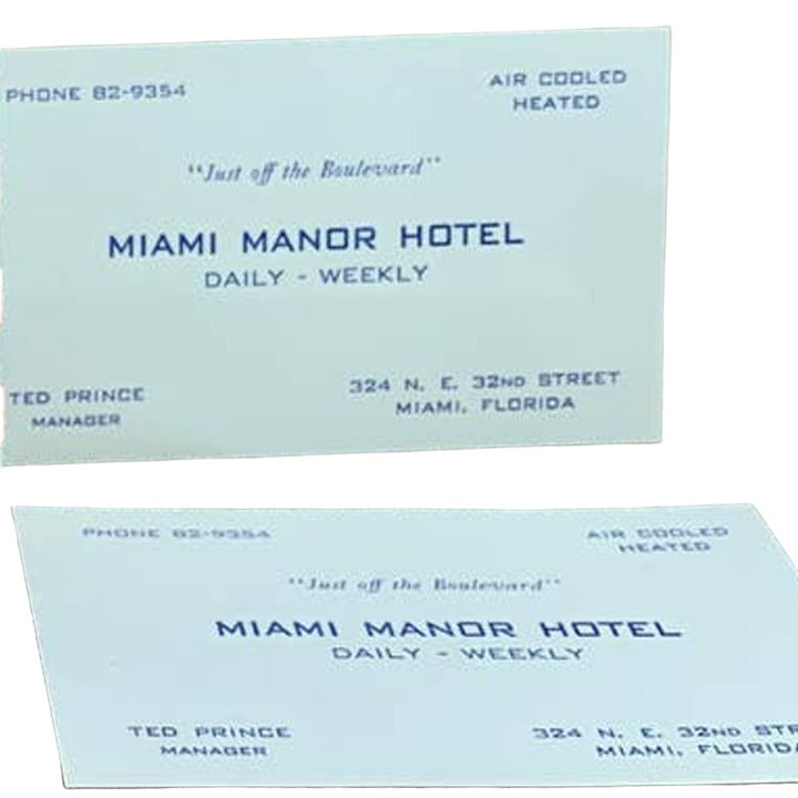 Vintage 1950s Miami Manor Hotel  Just Off the Boulevard Manager Business Cards