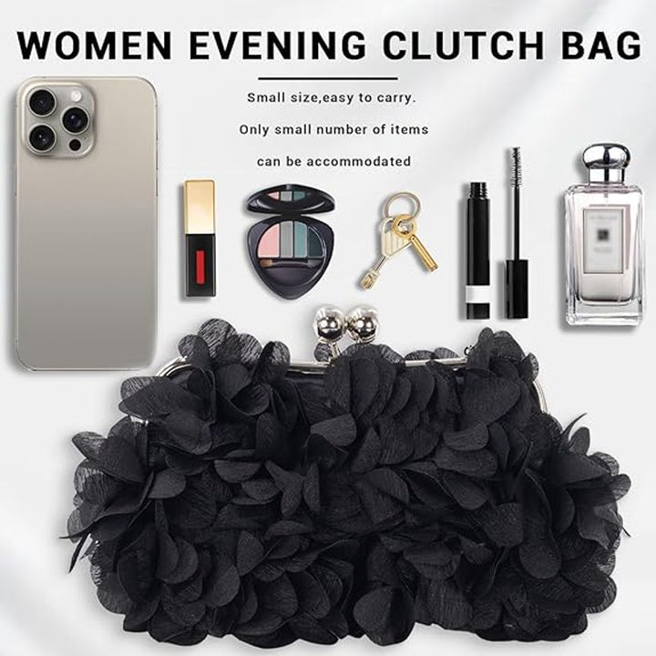 New Jambhala Black Flower Petal Clutch Bag with Detachable Shoulder Chains