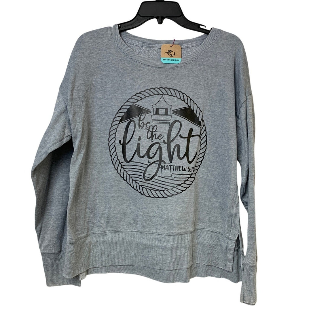 Upcycled Hand Printed Women Large Gray Jesus Be The Light Lightweight Sweatshirt