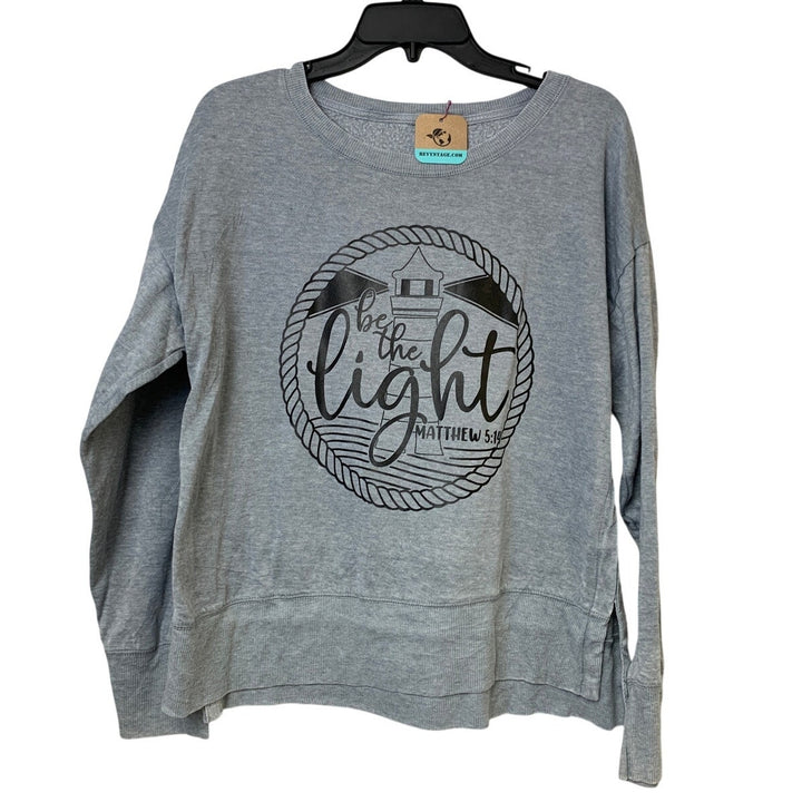 Upcycled Hand Printed Women Large Gray Jesus Be The Light Lightweight Sweatshirt