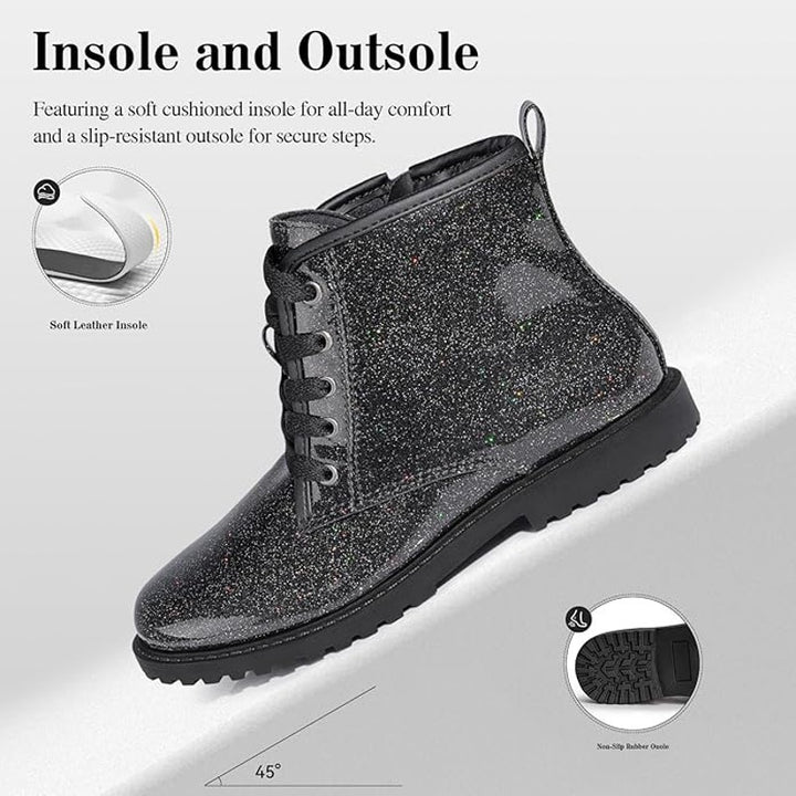 Fitory Girls Size 11 Black Sparkle Glitter Lace Up  Side ZIp Ankle Combat Boots