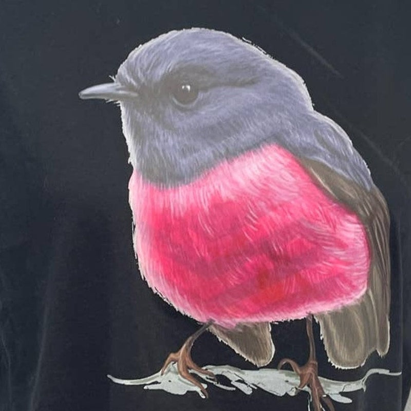 Upcycled Hand Printed Womens Large Pink Robin Sleeveless Cotton Long Tank Top