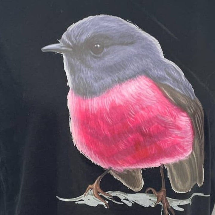 Upcycled Hand Printed Womens Large Pink Robin Sleeveless Cotton Long Tank Top