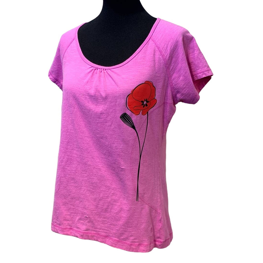 Handmade Upcycled Large Red Poppy Short Sleeve Cotton Blend Activewear Tee