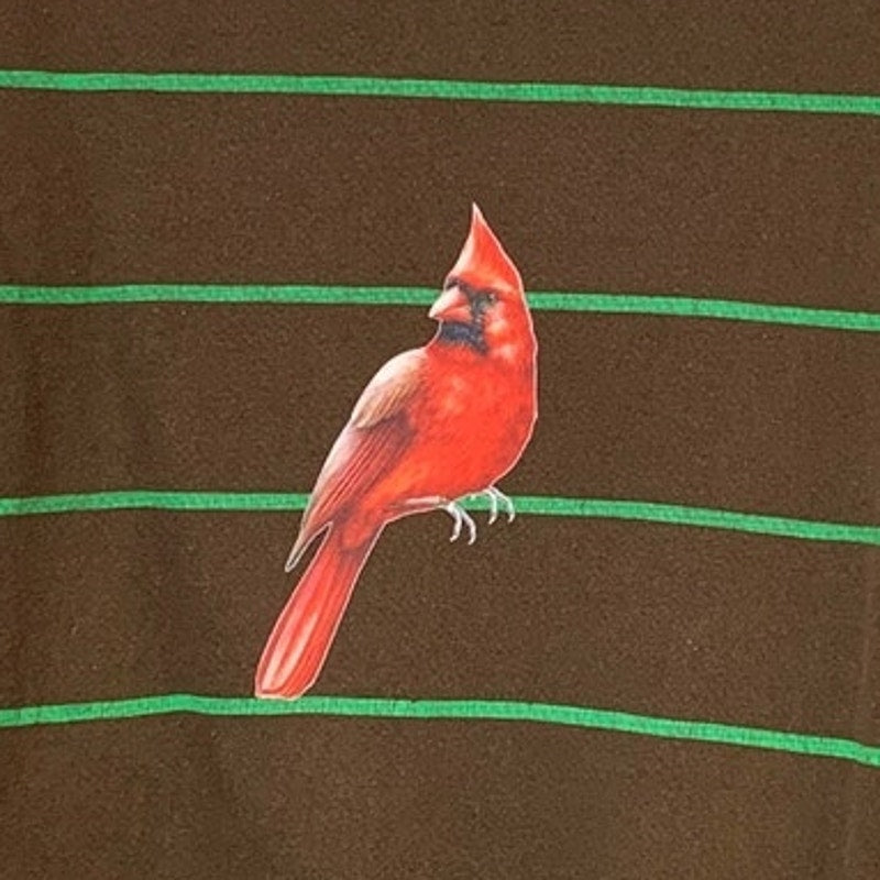 Upcycled Hand Printed Mens XL Red Cardinal Bird Striped Long Sleeve Sweatshirt