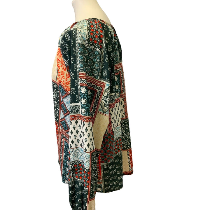 Womens Large V Neck Elastic Wrist Long Sleeve Boho Patchwork Lightweight Blouse