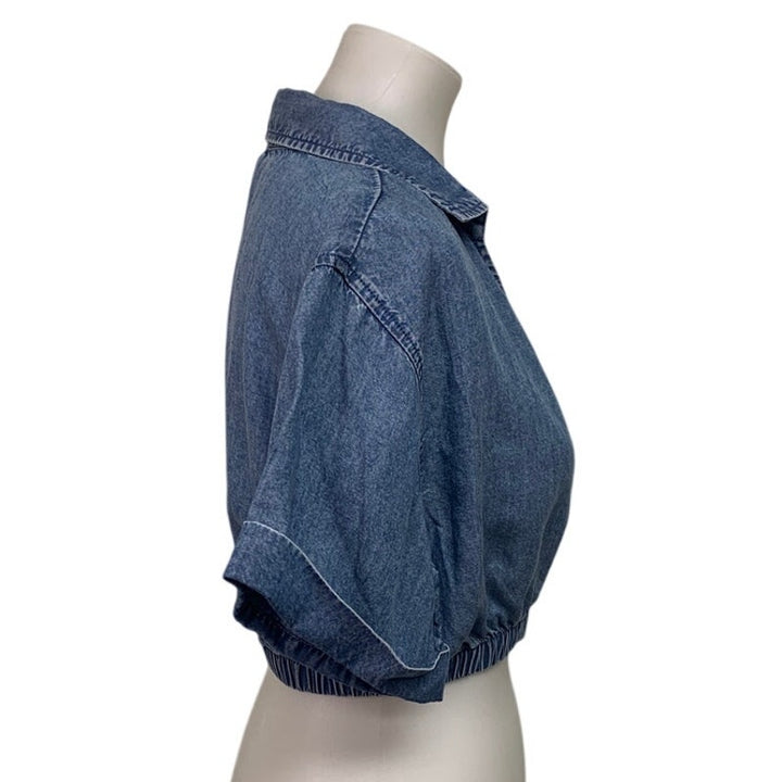 New Aerie Womens Small Short Sleeve Collared Deep V Neck Stretch Denim Top