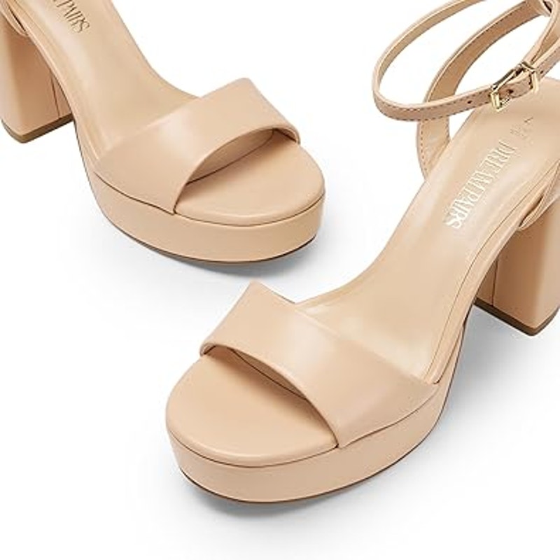 Dream Pairs Women Size 8 Tan Nude Faux Leather 4.5" Chunky Heel Open Toe Shoes