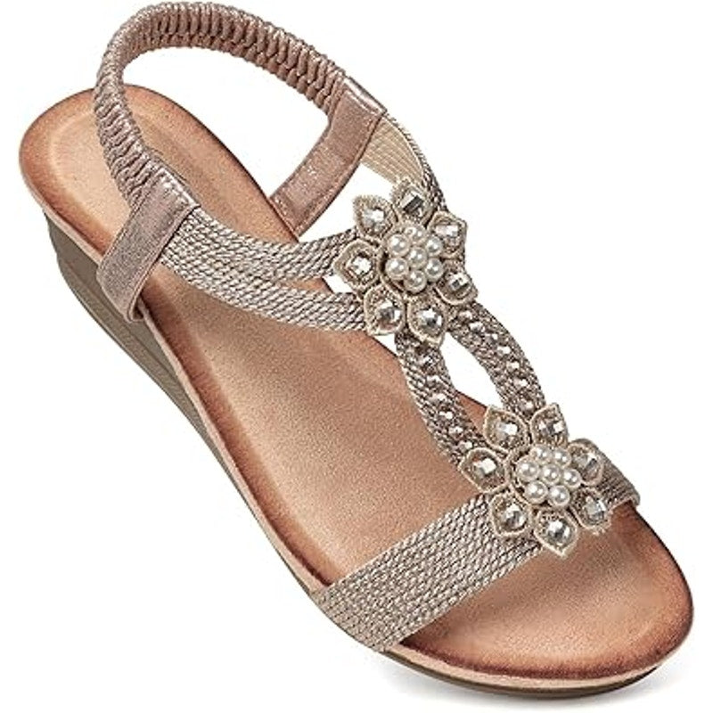 New Shibever Womens Size 6.5 Silver Rhinestone Open Toe Elastic Strap Sandals
