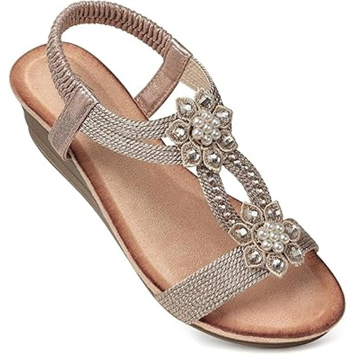 New Shibever Womens Size 6.5 Silver Rhinestone Open Toe Elastic Strap Sandals