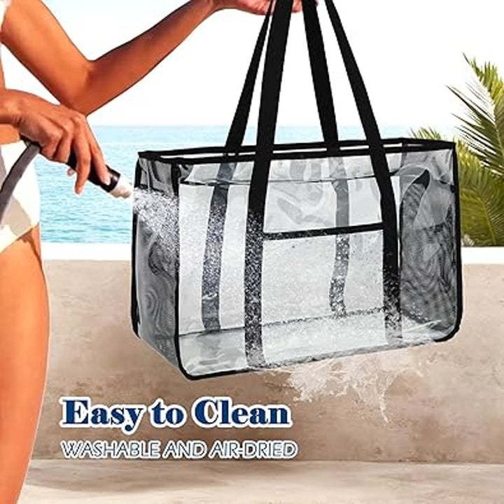 New Fammart Black Nylon Trim Large Clear Stadium Approved Zip Closure Beach Bag