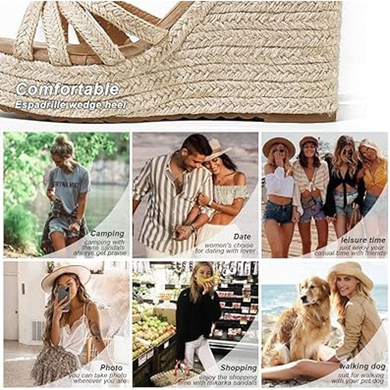 Mikarka Womens Size 8 Tan Straw Espadrille Open Toe 4" Wedge Heel Sandal Shoes