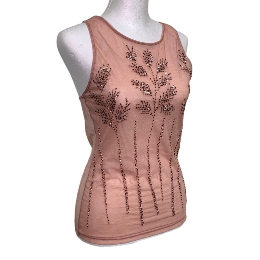 Krizia Womens Size 10 Sleeveless Pink Crew Neck Sheer Sequin Beaded Tank Top