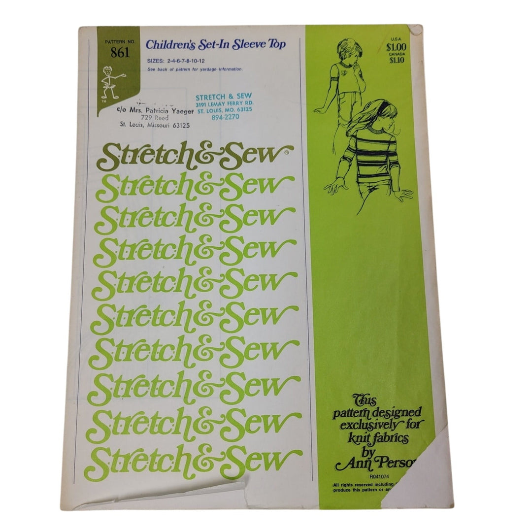 Vintage 1967 Stretch &amp; Sew 861 Childrens Set In Sleeve Top Uncut Sewing Pattern