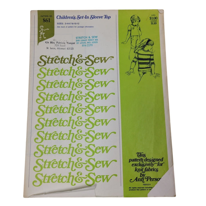 Vintage 1967 Stretch &amp; Sew 861 Childrens Set In Sleeve Top Uncut Sewing Pattern