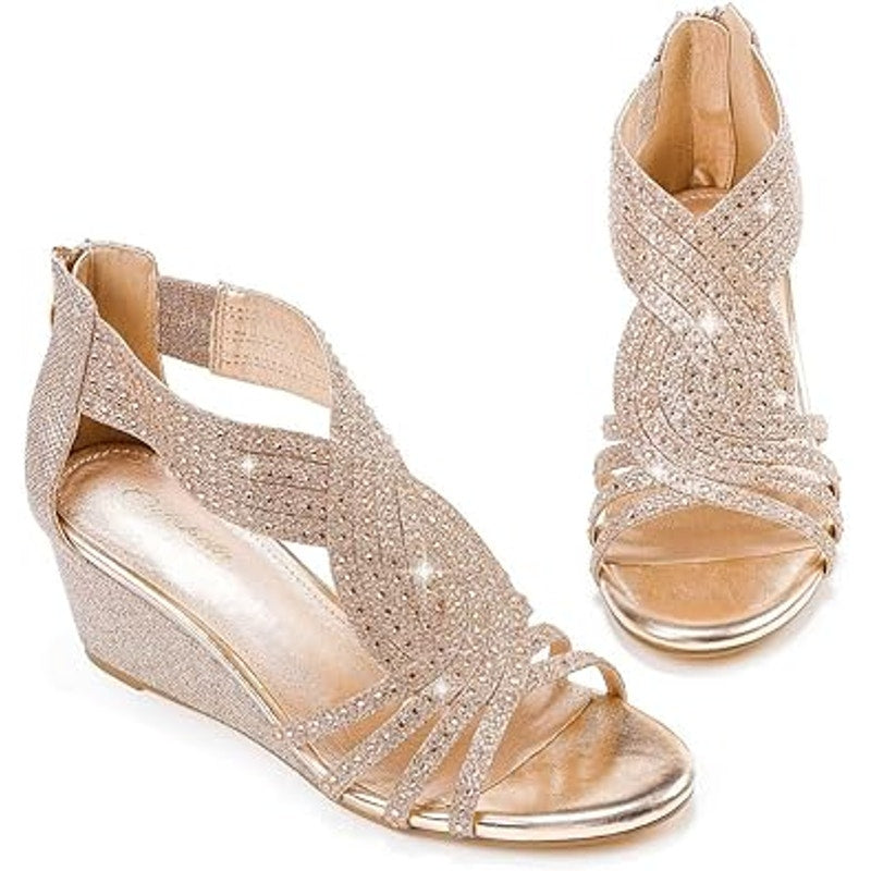 Gufobela Womens Size 7.5 Rose Gold Rhinestone Open Toe 2.5" Heel Sandal Shoes