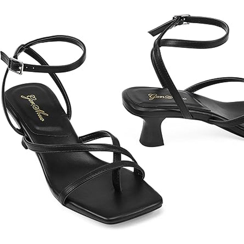 Genshuo Womens Size 6 Black Strappy 2.5" Heel Open Toe Thong Dressy Sandal Shoes